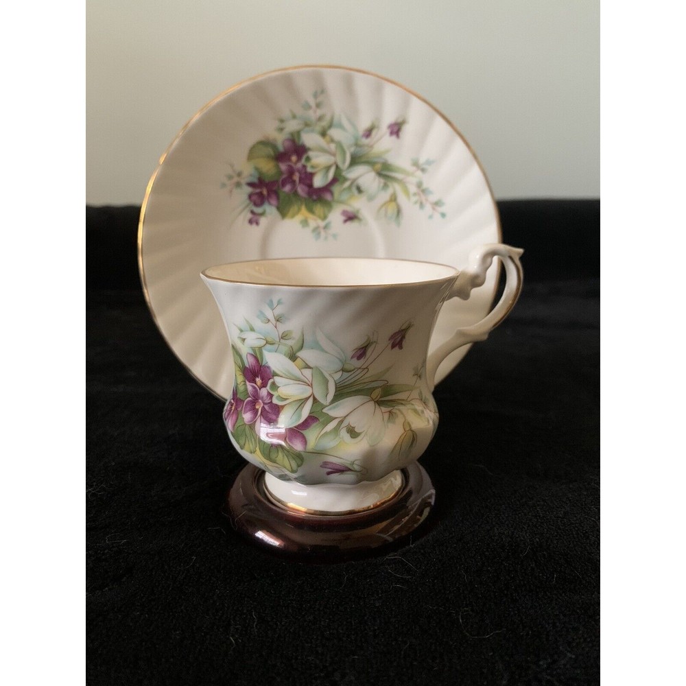 Royal Dover China FOOTED Tea Cup & Saucer Purple White Flowers Gold Trim England